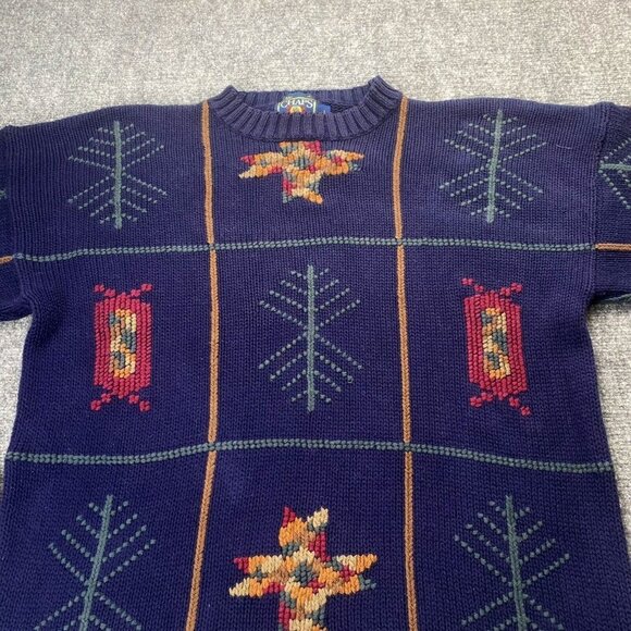 VTG 90s Chaps Ralph Lauren Sweater Men L‎ Navy Southwestern Geometric Boho Retro - Picture 3 of 15
